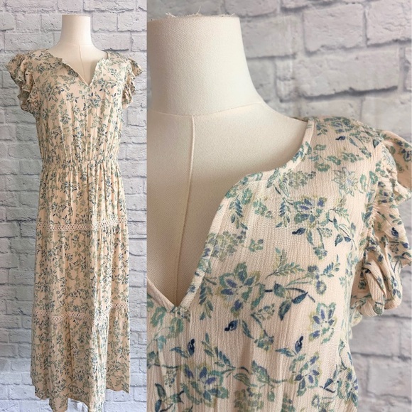 Lucky Brand Dresses & Skirts - Lucky Brand Maxi Dress Soft Cream Blue Floral Flutter Sleeves Crochet Boho